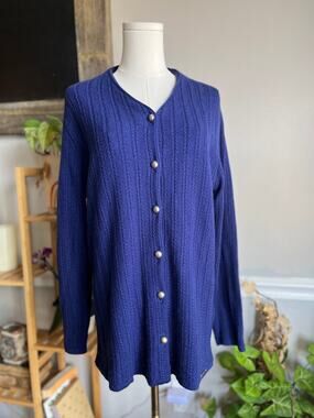 Vintage Y2K Geiger Blue Cardigan Sweater Cableknit Wool Size 42 Large